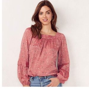 LAUREN CONRAD Shirred Dot & Floral Peasant Top